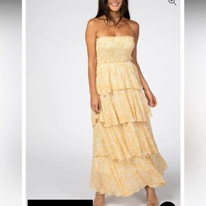 Yellow floral chiffon strapless smocked ruffle tier maxi dress